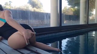 Masturbation in the pool with doggystyle by the window - porn video